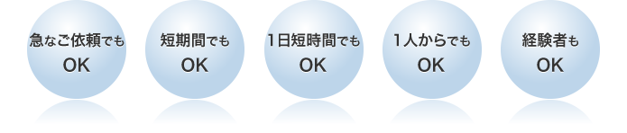 急なご依頼でもOK、短期間でもOK、1日短時間でもOK、1人からでもOK、経験者もOK